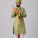 Spring Bug and Golden Brocade Designer Royal Rajputana Achkan | Jaipurio